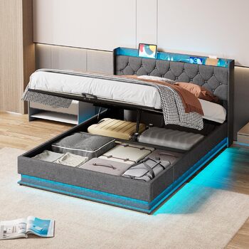 Ліжко Xbro з м&39якою підкладкою 140x200 з гідравлічним відділенням для зберігання, розетками та світлодіодним кільцевим освітленням, каркас ліжка з рейковою основою та ящиком для зберігання, двоспальне ліжко для спальні, сучасний дизайн, темно-сірий колі