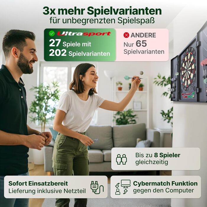 Електричний дартс Ultrasport з дверцятами або без, сталеві дротики з пластиковими крильцями для класичного дартс, підходить для вечірок та ігрових вечорів. Мішень для дартс з дверцятами, одинарний.