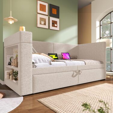 М&39який розкладний диван-ліжко 90/180x200 з USB та портом зарядки Type-C, кушетка з рейковою основою, диван-ліжко, функціональне ліжко, кушетка, без матраца, бежевий бежевий G 90x200