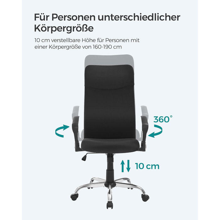 Офісний стілець SONGMICS, ергономічний стілець для столу, обертовий стілець, м&39яке сидіння, регульована висота та нахил, вантажопідйомність до 120 кг, чорний OBN034B01 Чорний 1