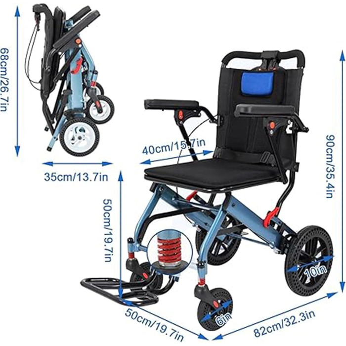 Надлегка транспортна інвалідна візка, Туристичні інвалідні візки, Складна інвалідна коляска з ручним гальмом для дому та подорожей Дуже вузькі інвалідні візки A