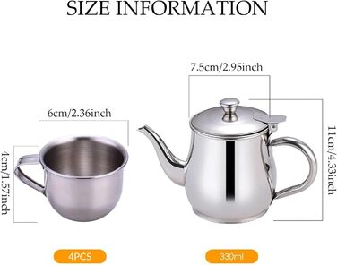Дитячий чайний набір включає в себе портативний чайник з нержавіючої сталі обємом 330 мл з довгим носиком та фільтром, а також 4 чашки по 70 мл для чаювання вдома або в поході.
