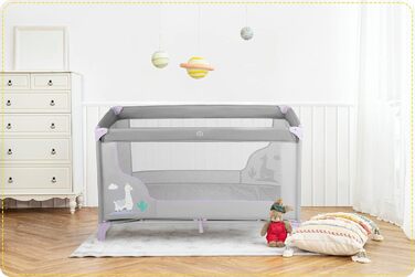 Дитяче ліжечко Ricokids з матрацом 125 x 65 x 78 см, дорожнє ліжечко, вагою до 15 кг, 2 колеса з гальмами, знімний бічний вхід, сумка для перенесення, складна, компактна, світло-сіра, лавандова