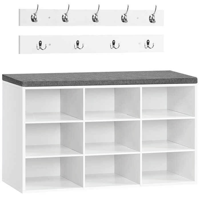 Комплект полиць для взуття HOOBRO, лава для взуття з 9 гачками, полиця для взуття з м&39якою лавкою, настінна вішалка для пальто з 9 гачками, шафа для взуття для коридору, вхідної зони, спальні, білий EWT89HX01 білий сірий 80 см x 30 см x 48 см (Д x Ш x В