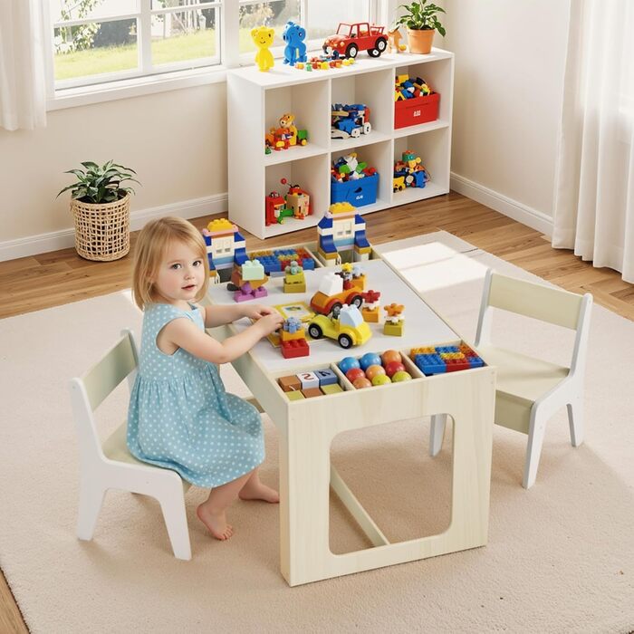 Дитячий комплект сидіння Clevich з місцем для зберігання, дитячий стіл з 2 стільцями, дитячий комплект столу та стільців з двосторонньою стільницею, дитячий стіл для дитячого садка, для дітей віком від 3 років, колір дерева