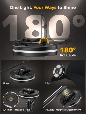 Ліхтар для кемпінгу Smiling Shark CL01, портативний світлодіодний ліхтар для кемпінгу, акумуляторний, магнітний із затискачем, різьба та гачок 1/4 дюйма, 3 колірні температури та бічне світло RGB для кемпінгового аварійного рюкзака (чорний)