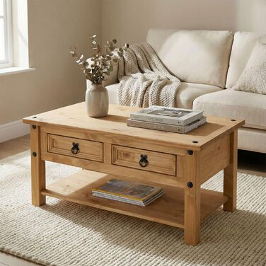 Журнальний столик CARO Furniture IDIMEX Salsa, масив сосни, дві шухляди та полиця, натуральний колір