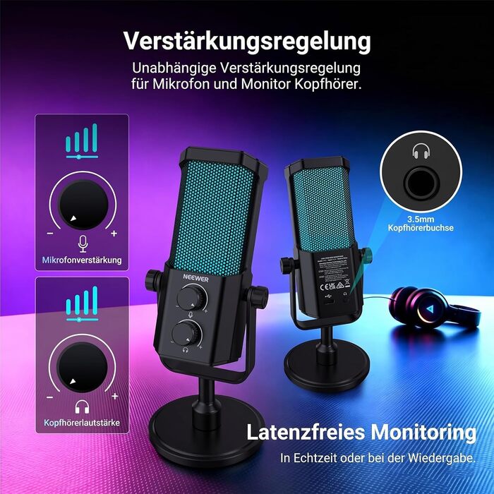 Мікрофон NEEWER AI для подкастингу, Plug & Play, кардіоїдна спрямованість, RGB-підсвітка, UM01