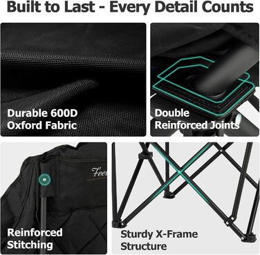 Розкладне крісло/диван для кемпінгу великого розміру - Витримує до 204 кг - Складане крісло для кемпінгу, з м&39якою підкладкою, тримачем для напоїв, кишенею-холодильником, високою спинкою для використання на вулиці/в приміщенні/в саду, чорне, одномісне