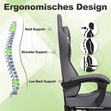 Ігрове крісло з масажем, сіре, ігрове крісло з підставкою для ніг, підголівником та масажною поперековою подушкою, ергономічне офісне крісло, регульована висота для геймерів, ігрова кімната, офіс