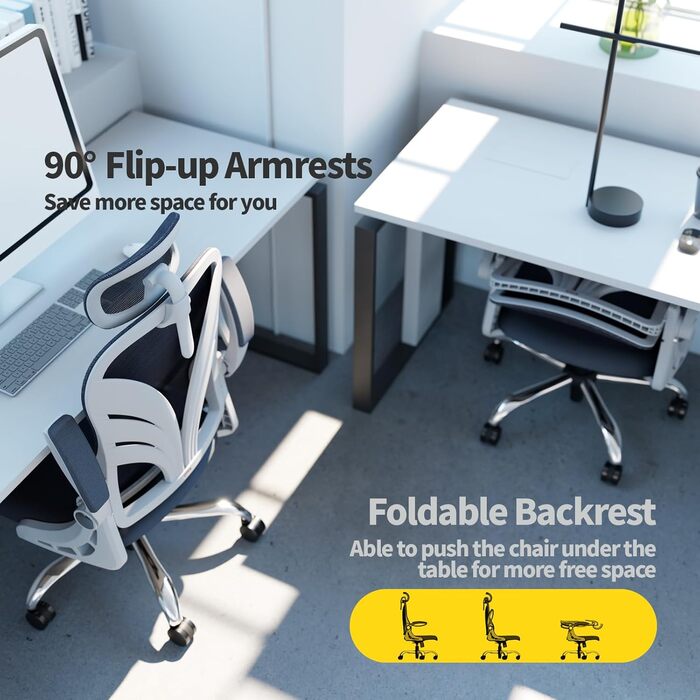 Ергономічне офісне крісло зі складною спинкою, письмове крісло з 2D-підголівником, відкидними підлокітниками та сітчастою поперековою опорою, обертове крісло, комп&39ютерне крісло, білий колір H White