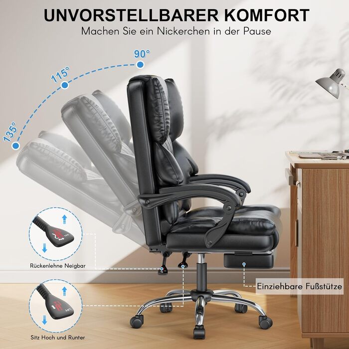 Офісне крісло naspaluro з підставкою для ніг, ергономічне робоче крісло, комп&39ютерне крісло зі штучної шкіри з м&39якими підлокітниками та м&39яким підголівником, функція нахилу, поворотне крісло з регулюванням висоти, чорне, без підігріву