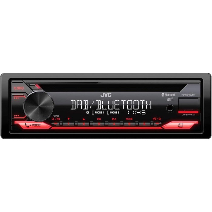 Автомагнітола JVC KD-DB622BT CD з системою гучного зв'язку DAB і Bluetooth (звуковий процесор, USB, AUX-вхід, Spotify Control, 4 х 50 Вт, підсвічування червоної клавіші, в т.ч. антена DAB), Чорний