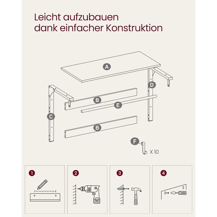 Настінна вішалка VASAGLE, з полицею, настінна полиця з 10 знімними гачками, підвісна полиця, настінне кріплення, 2 вішалки, вішалк