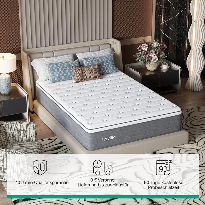 Матрац Novilla 140x200, H3 7-зонний пружинний матрац з кишеньковою структурою для цілеспрямованої підтримки, хвилеподібний шар комфортної піни для покращеної повітропроникності, сертифікований Oeko-Tex, висота 25 см x 25 см, 140 x 200 см