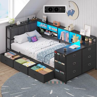 М&39яке ліжко, диван-ліжко, дитяче ліжко 90x200 см з комодом з 6 шухлядами та вбудованим письмовим столом, кушетка зі світлодіодним освітленням та зарядною станцією, ліжко 90x200 см з м&39яким узголів&39ям, чорного кольору.