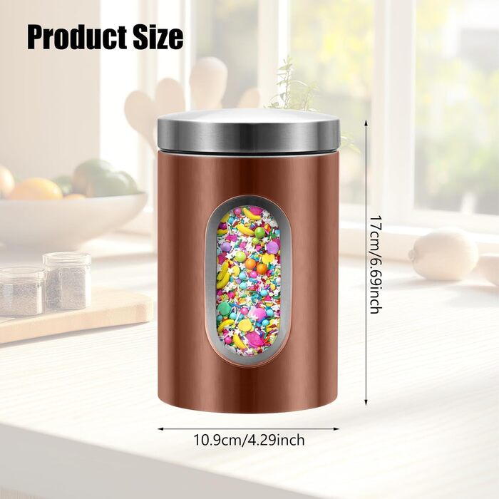 Набір кухонних банок з 3 предметів, харчові контейнери з нержавіючої сталі, органайзер з прозорим віконцем, кухонна стільниця, контейнери для зберігання кави, чаю, горіхів, борошна, цукру (коричневі)