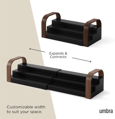 Трирівнева підставка для спецій Umbra Bellwood, розширювана кухонна підставка-органайзер виготовлена з міцного пластику та дерева, чорний/горіховий колір