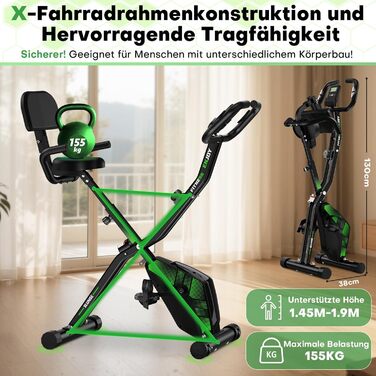 Новий велотренажер 2026 року, складаний домашній тренажер з регульованим магнітним опором, додатковий комплект ергометра для дому з надзвичайно тихою роботою, РК-монітор, вантажопідйомність 150/160 кг, чорний/зелений домашній тренажер 3-в-1