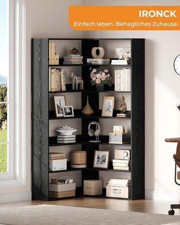 Книжкова полиця IRONCK, 6 ярусів, кутова полиця, висота 180 см, окремостояча дерев&39яна L-подібна відкрита полиця, полиця для зберігання речей для кабінету, офісу, вітальні, спальні (чорна)