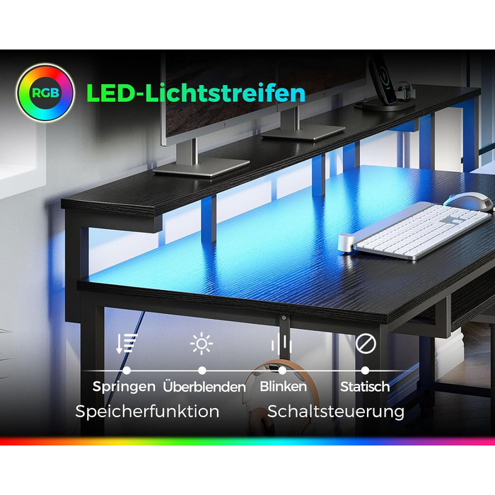 Ігровий стіл Coleshome зі світлодіодним освітленням, 140x48 см, стіл з тканинними шухлядами, комп&39ютерний стіл з 2 розетками та 2 USB-портами, ігровий стіл з підставкою для монітора для домашнього офісу, чорний 140x48 см, чорний