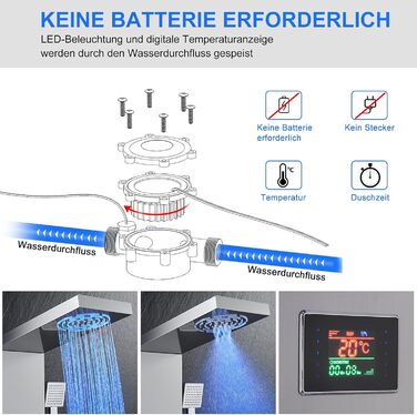 Душова панель зі світлодіодним підсвічуванням, без батареї, душова панель KEOKBON 5 в 1 з дисплеєм часу та температури з нержавіючої сталі Душова система з туманним та тропічним душем 6 масажних душів Ручний душ Вхід у ванну
