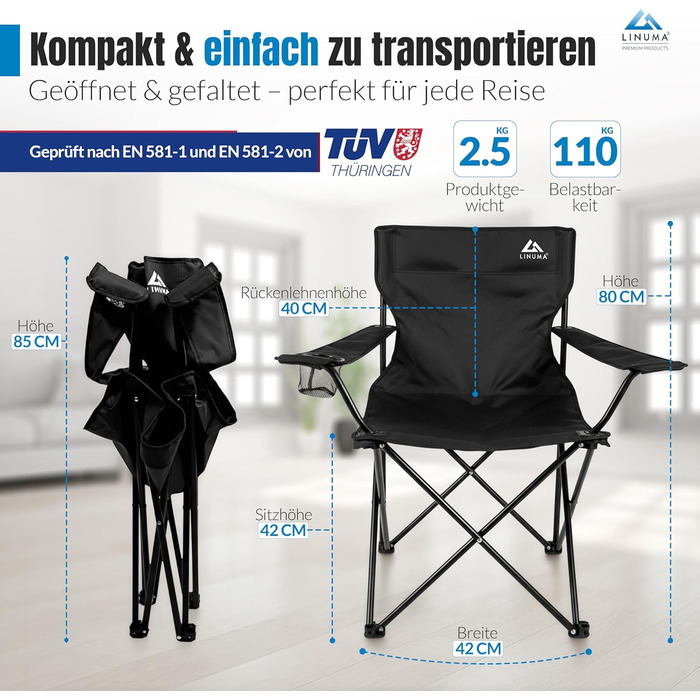 Складаний стілець ЧОРНИЙ Кемпінговий стілець Рибальський стілець з тримачем для напоїв та сумкою для перенесення - Складаний рибальський стілець - Складаний стілець Садовий стілець Складаний стілець Крісло для відпочинку Рибальський стілець Складаний (1, 