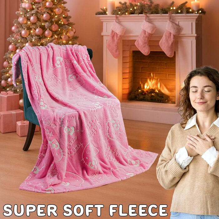 Флісова ковдра Get Trend Hello Kitty Sanrio, що світиться в темряві, 130x150 см, пухнаста флісова ковдра, що світиться в темряві, подарунки для дітей та дорослих (рожева Hello Kitty) Рожева Hello Kitty 130x150 см