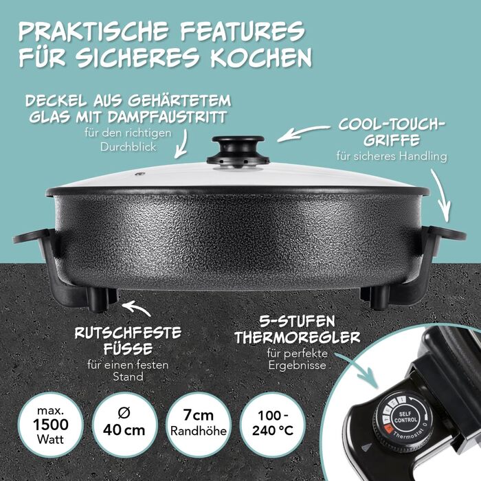 Електрична багатофункціональна сковорода GOURMETmaxx 40см З термостатом, скляною кришкою та антипригарним покриттям Об'єм XXL - оптимальний як сковорода для паельї, сковорода для тушкування та сковорода вок 1500 Вт Нержавіюча сталь