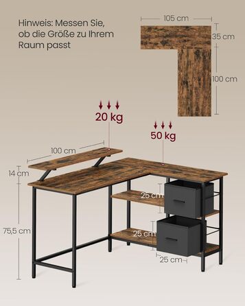 Г-подібний письмовий стіл, 2 місткі шухляди, комп&39ютерний стіл з підставкою для монітора, кутовий стіл, ігровий стіл з регульованою полицею 135 x 105 см, вінтажний коричневий LWD098B01