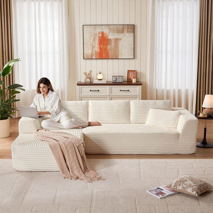 Кутовий диван LINSY HOME зі сном - Модульний розкладний диван з вельвету 270 см, L-подібний диван, 3-місний диван з пуфом, секційний диван для вітальні, не потребує складання, бежевий вельвет