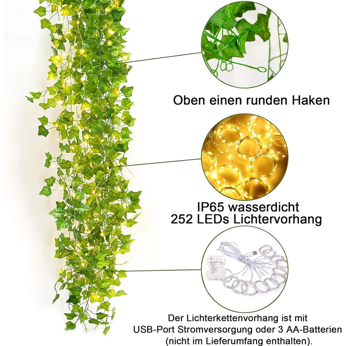 Плюща штучні казкові вогні, гірлянда плюща з 252 світлодіодами казкові вогні, завіса під керівництвом для весільного офісу садової