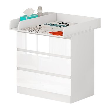 Пеленальний столик WOLTU з пеленальною стільницею, комод з 3 шухлядами, пеленальний столик з тихими металевими напрямними та захистом від перекидання, 86 см для поперекової підтримки, білий