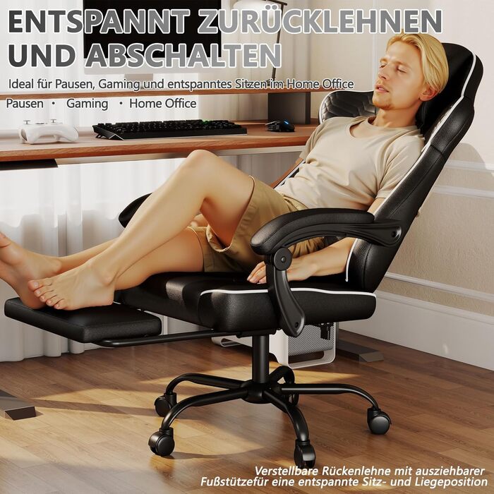 Ергономічне ігрове крісло, офісне крісло з підставкою для ніг, регульоване по висоті та нахилу, надзвичайно широке сидіння (51 см), ергономічна поперекова опора, вантажопідйомність до 150 кг, білий колір