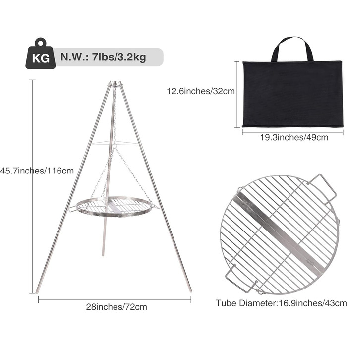 Поворотний гриль REDCAMP з решіткою для гриля, включаючи ланцюги, регульована висота, поворотний гриль для кемпінгу з нержавіючої сталі з круглою решіткою для гриля та сумкою для перенесення для барбекю на свіжому повітрі, сріблястий