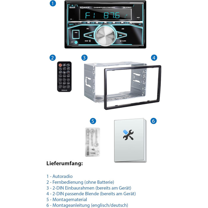 Автомагнітола XOMAX XM-2CDB622 з програвачем компакт-дисків, Bluetooth, радіотюнер RDS, 7 кольорів з регулюванням (червоний, синій, зелений, жовтий, фіолетовий, білий, бірюзовий) USB, SD для MP3 WMA, AUX, 2 шт. роз'єм для сабвуфера, 2DIN