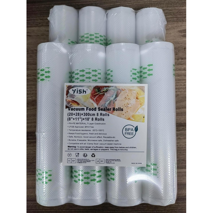 Вакуумні пакувальні пакети YISH Вакуумна плівка Вакуумні пакети Рулони харчової вакуумної плівки вакуумний мішок для рулонів плівки Sous Vide для вакуумного пакувальника 8 рулонів 20/28x300 см плівки, без BPA