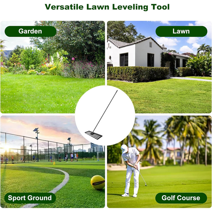 Гребінь-рівняльник для газону 75x25 см з регульованою ручкою (213 см) та антиковзким покриттям, міцний інструмент для вирівнювання газону. Ідеально підходить для саду та подвір'я, чорний колір.