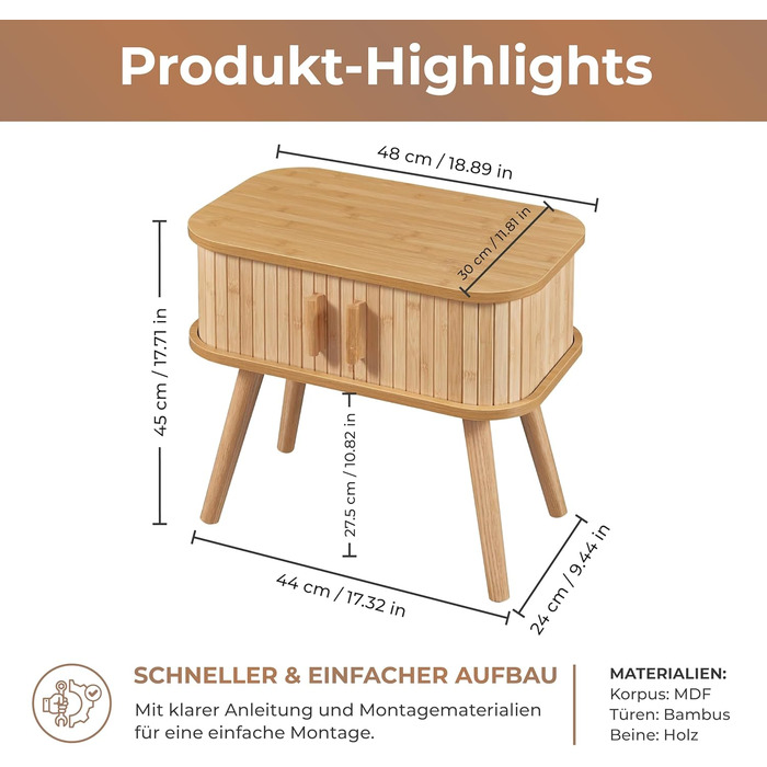 Приліжковий столик з 2 розсувними дверцятами Бамбуковий приліжковий столик з дерев&39яними ніжками 48 x 30 x 45 см