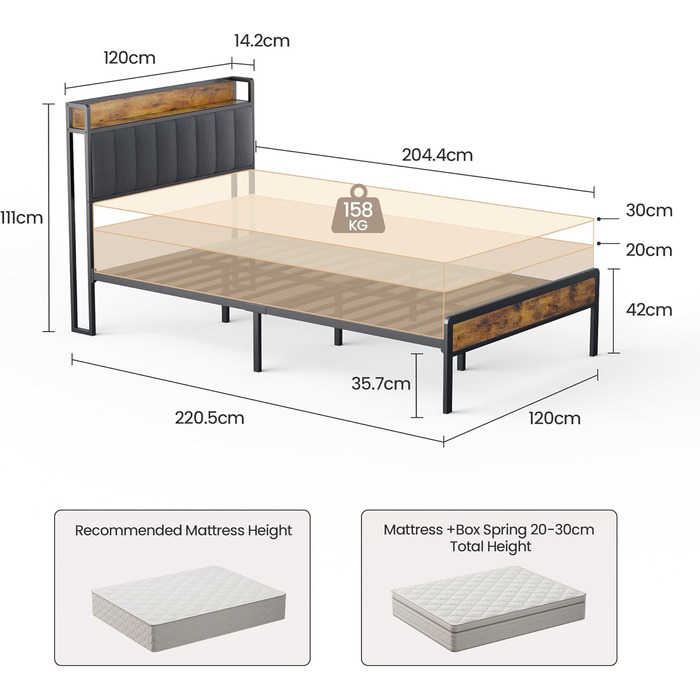 Каркас ліжка Bealife з металевою рейковою основою, односпальне ліжко з лляним покривалом, ліжко з м&39яким узголів&39ям та місцем для зберігання речей (120 x 200 см, темно-сірий колір)