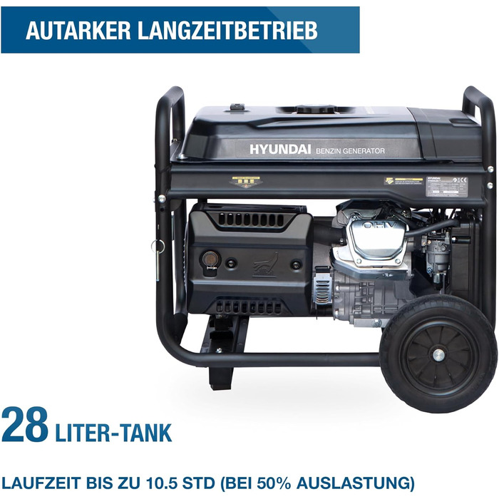 Бензиновий генератор HYUNDAI HY8500LEK-T, генератор 230 В та 400 В, максимальна потужність 10,3 кВА, двигун 16,3 к.с., електричний запуск, генератор для будівельного майданчика, аварійний генератор живлення