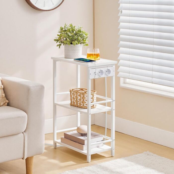 Вузький приставний столик, 3 полиці, тумбочка біля ліжка, журнальний столик із зарядною станцією, столик до дивана, столик до вітальні з місцем для зберігання, для невеликих приміщень, вітальня, спальня, білий AETWT29UE01