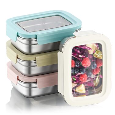 Контейнери для зберігання продуктів Misichao з нержавіючої сталі з кришками, штабелювані контейнери для їжі для кухні та комори, герметичні, багаторазові, металеві ланч-бокси Bento для дітей та дорослих, 650 мл, 4 білих жовтих рожевих зелених 650 мл 650 м