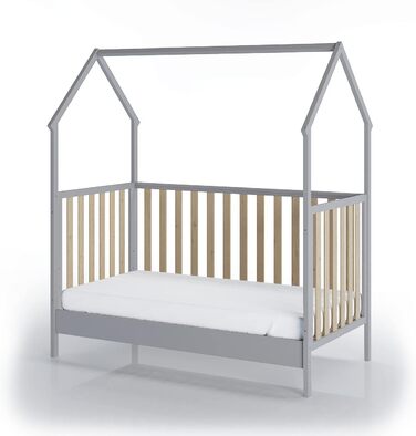 Дитяче ліжко-ліжко-будиночок FabiMax, 70x140 см, виготовлене з сосни, сірого кольору/натурального лаку (Надувний матрац)