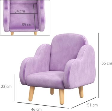 Дитяче крісло ZONEKIZ Дитяче крісло з підлокітником, дерев&39яний каркас, оксамит, ніжки ПП, форма хмари, для 1,5-3 років - фіолетове