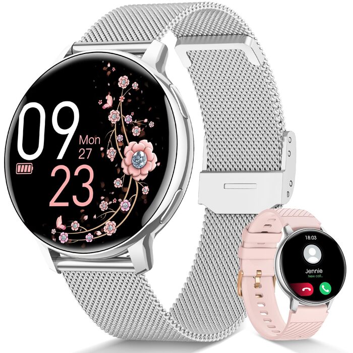 Жіночий круглий смарт-годинник, фітнес-годинник з функцією телефону, 24-годинний монітор серцевого ритму, відстеження SpO2, відстеження менструального циклу, понад 120 спортивних режимів, відстеження сну, водонепроникність IP68, крокомір, сумісний з iOS/A