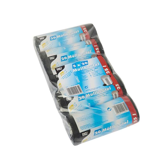 Пакети для сміття, HDPE 35 л 69 см x 55 см чорні, 5 x 20 шт.