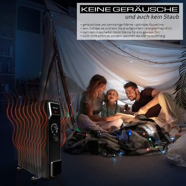 Масляний радіатор 2500 Вт з 3 режимами нагріву Термостат 11-реберний електричний нагрівальний елемент Енергозберігаючий масляний радіатор Захист від перегріву Електричний нагрівач Режим ECO 1000 1500 (чорний)