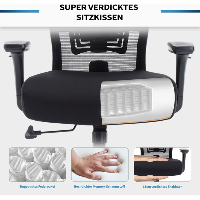 Офісний стілець Bosmiller 200 кг, ергономічний стілець XXL, обертовий стілець з 3D-підлокітниками, регульованим підголівником, крісло керівника, сітчастий офісний стілець, сірий