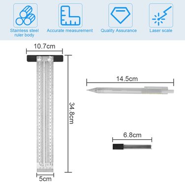 Лінійка з нержавіючої сталі з Т-подібним отвором Лінійка з Т-подібним отвором Лінійка для точної розмітки Столярний вимірювальний інструмент з нержавіючої сталі Лінійка з отвором для позиціонування для столярних робіт Вимірювання квадрата (300 мм)
